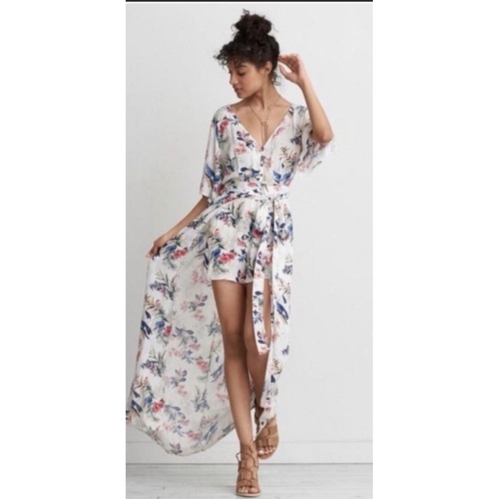 American Eagle Floral Maxi Romper Women 12 White High-Low Cutout Back